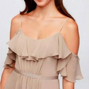 David's Bridal Cold Shoulder Long Chiffon Braidmaids Dress w/Belt
